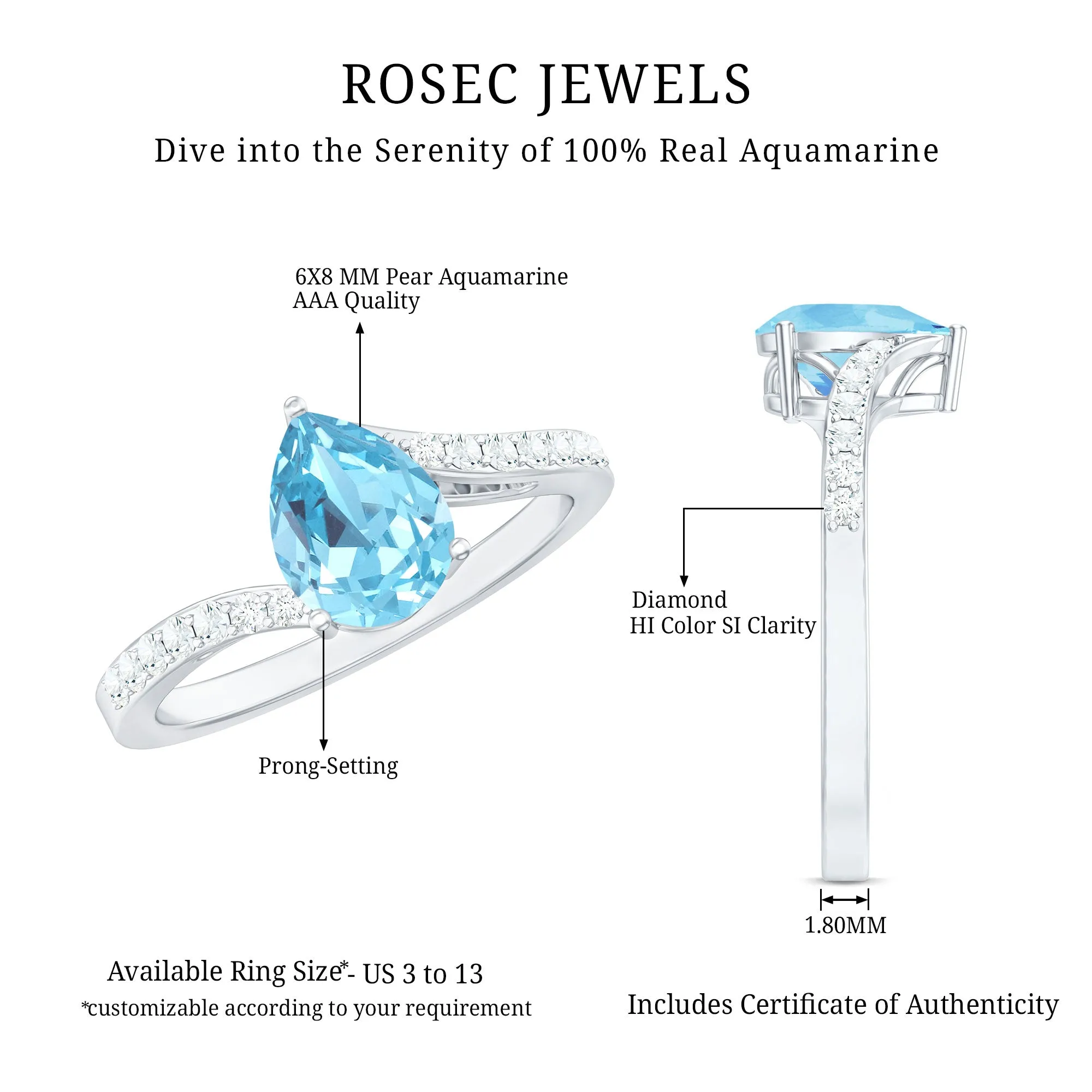 Pear Cut Aquamarine Solitaire Ring with Diamond Bypass Shank