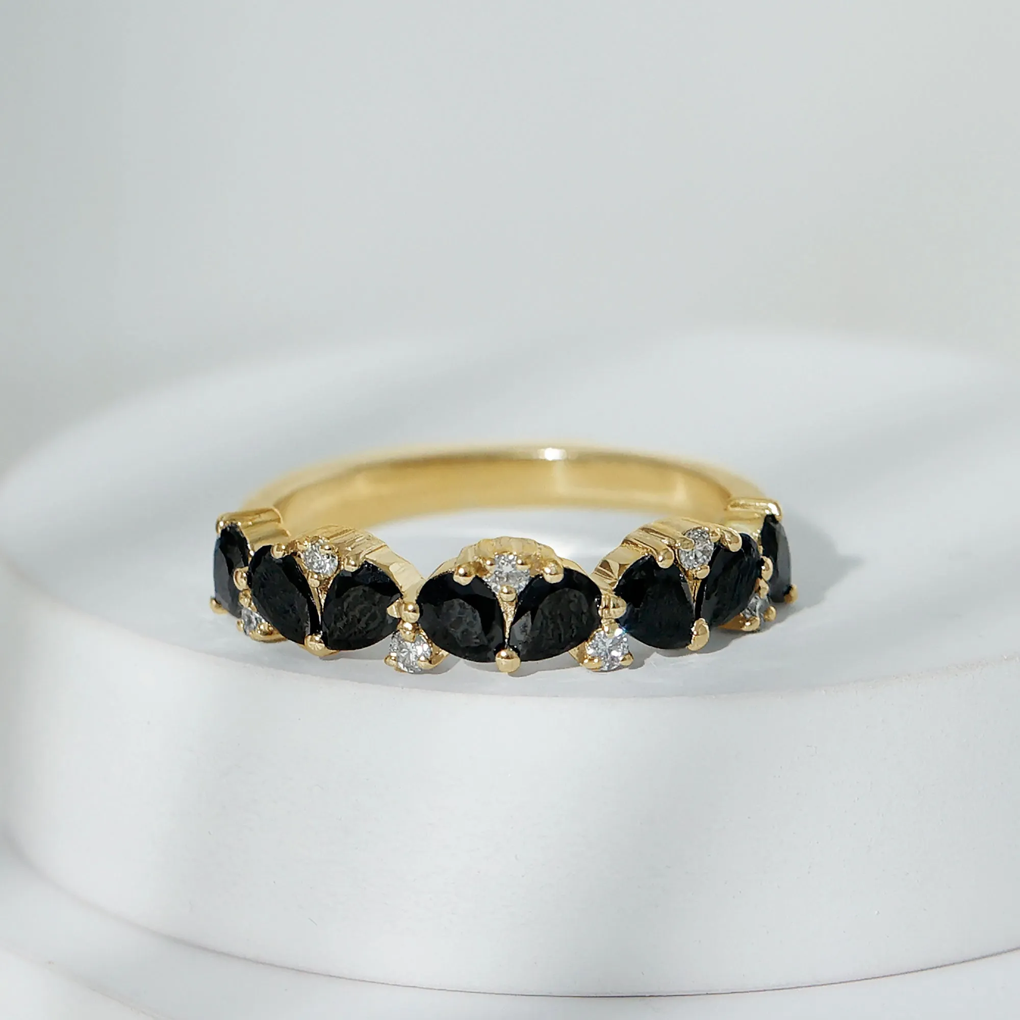 Pear Cut Black Onyx and Diamond Anniversary Band Ring in Gold