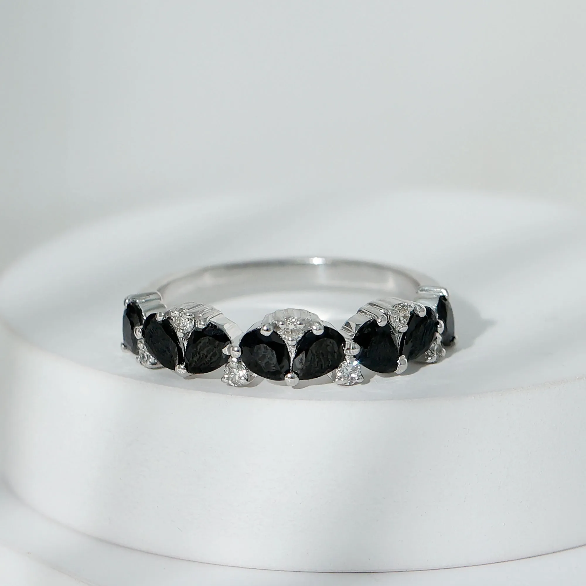 Pear Cut Black Onyx and Diamond Anniversary Band Ring in Gold