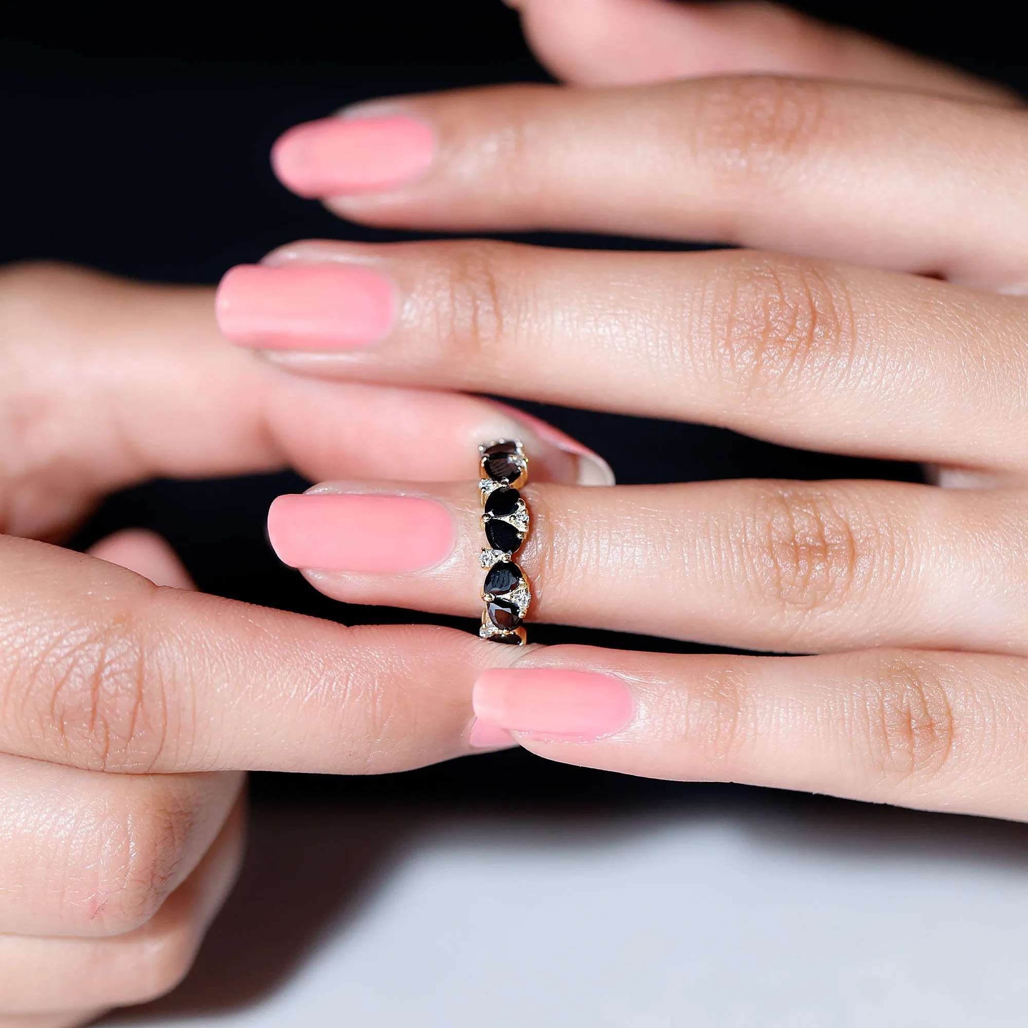 Pear Cut Black Onyx and Diamond Anniversary Band Ring in Gold