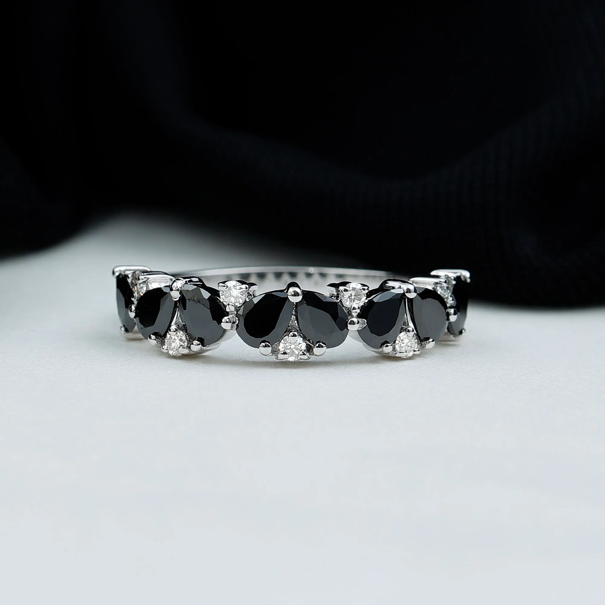 Pear Cut Black Onyx and Diamond Anniversary Band Ring in Gold