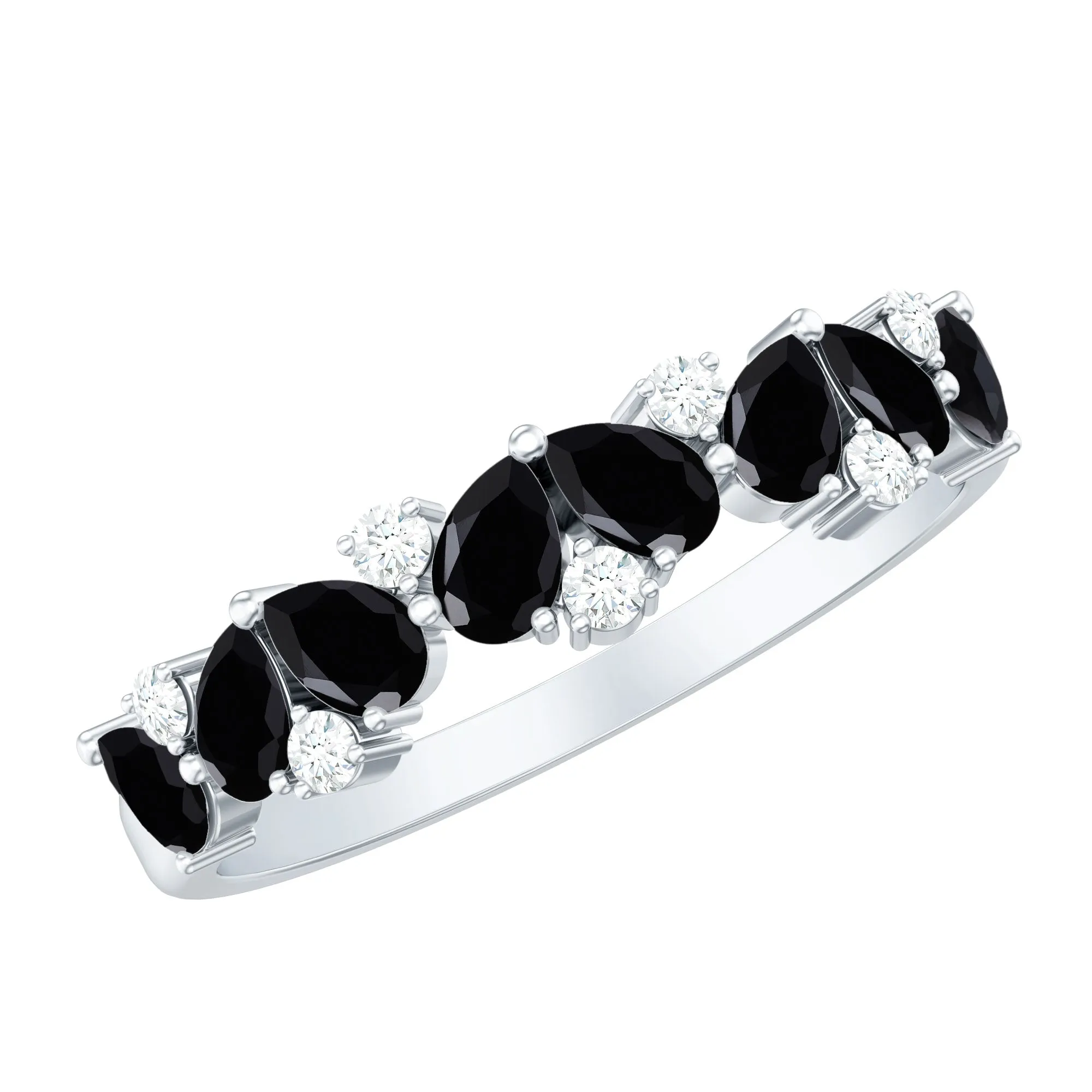 Pear Cut Black Onyx and Diamond Anniversary Band Ring in Gold