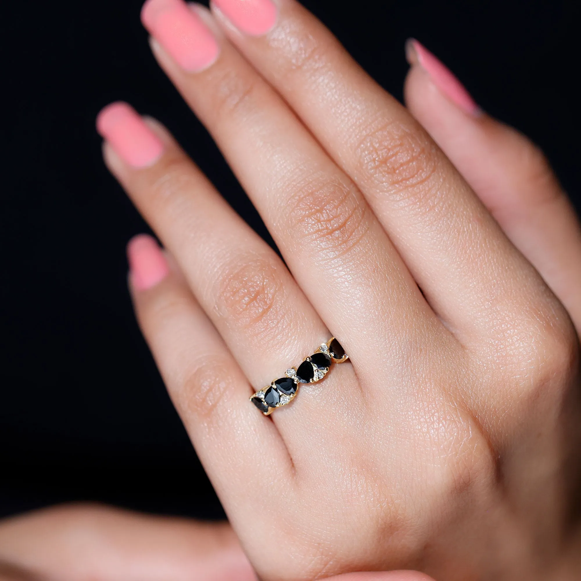Pear Cut Black Onyx and Diamond Anniversary Band Ring in Gold