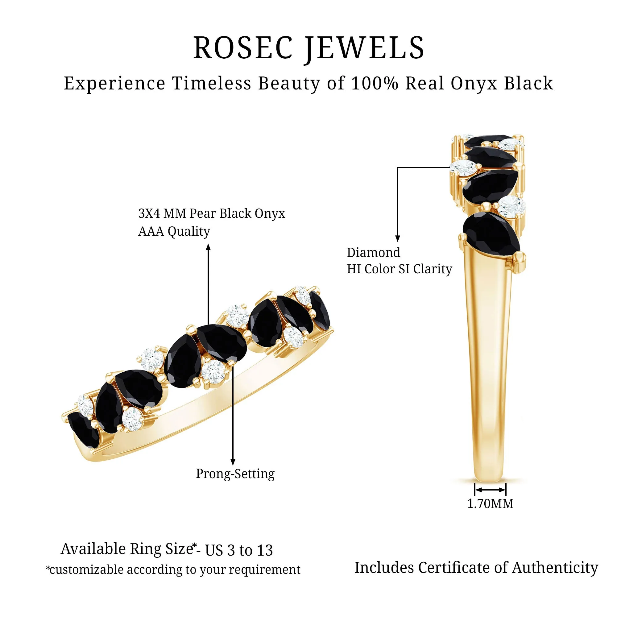 Pear Cut Black Onyx and Diamond Anniversary Band Ring in Gold