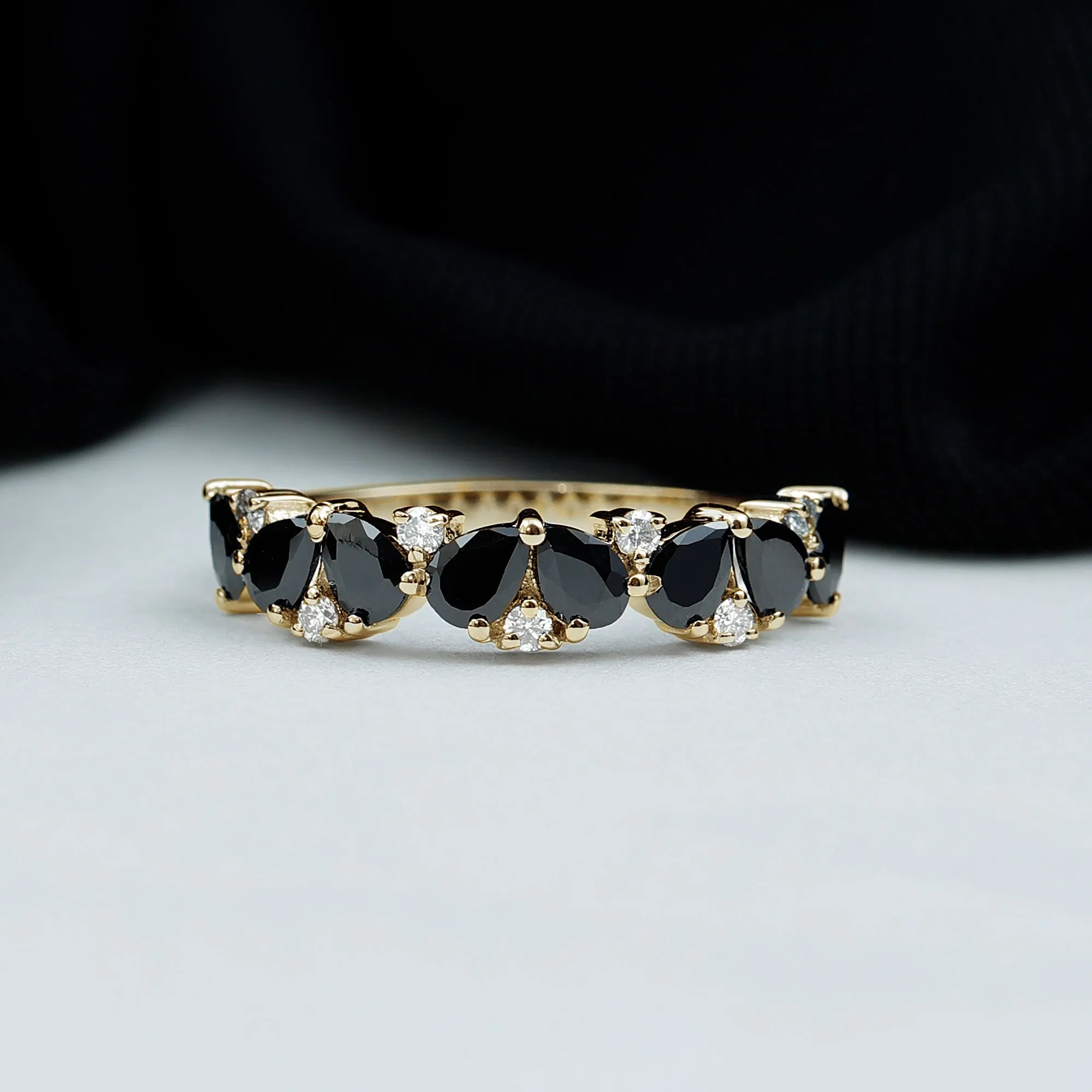 Pear Cut Black Onyx and Diamond Anniversary Band Ring in Gold