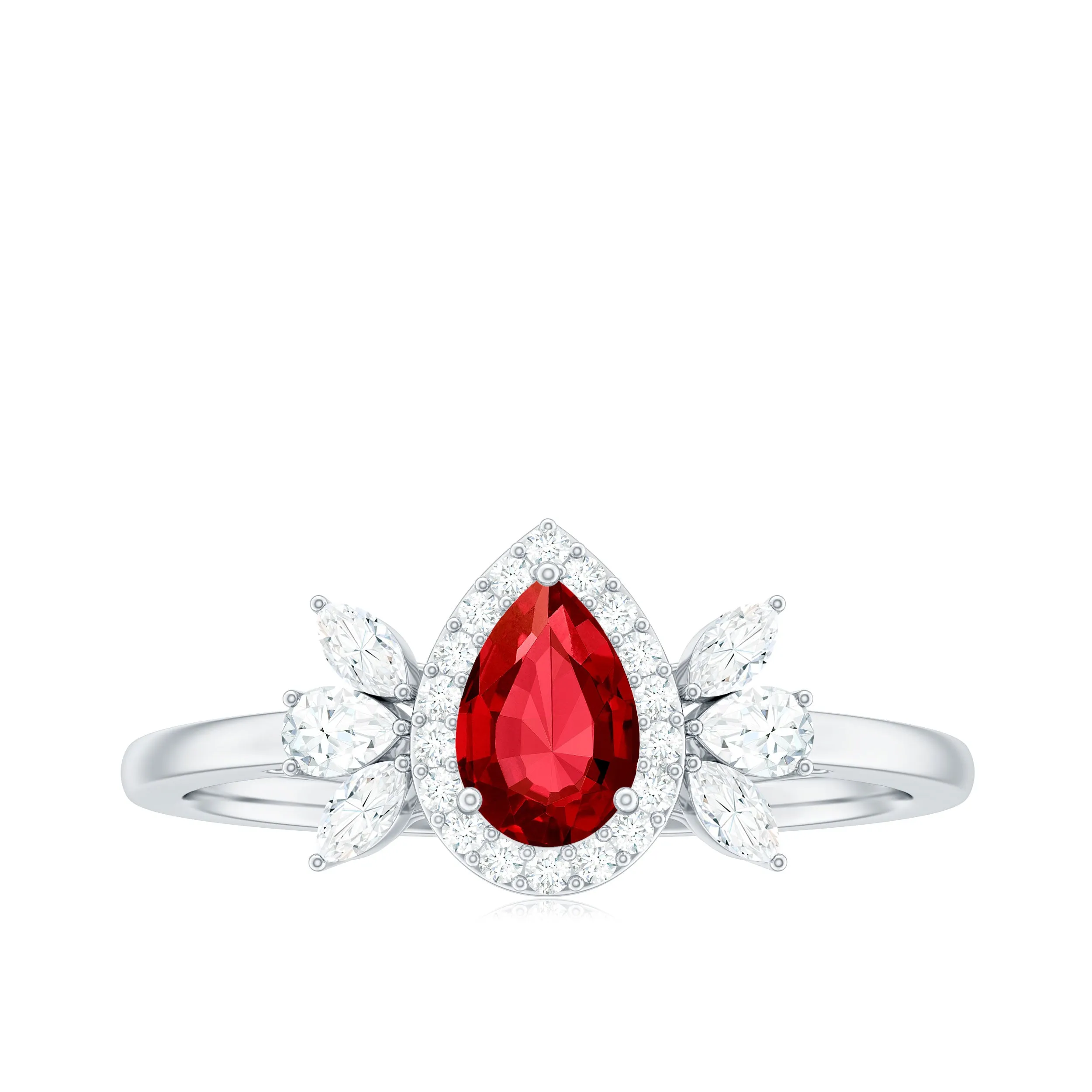 Pear Shape Created Ruby Halo Engagement Ring with Diamond