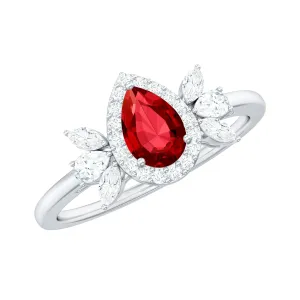 Pear Shape Created Ruby Halo Engagement Ring with Diamond