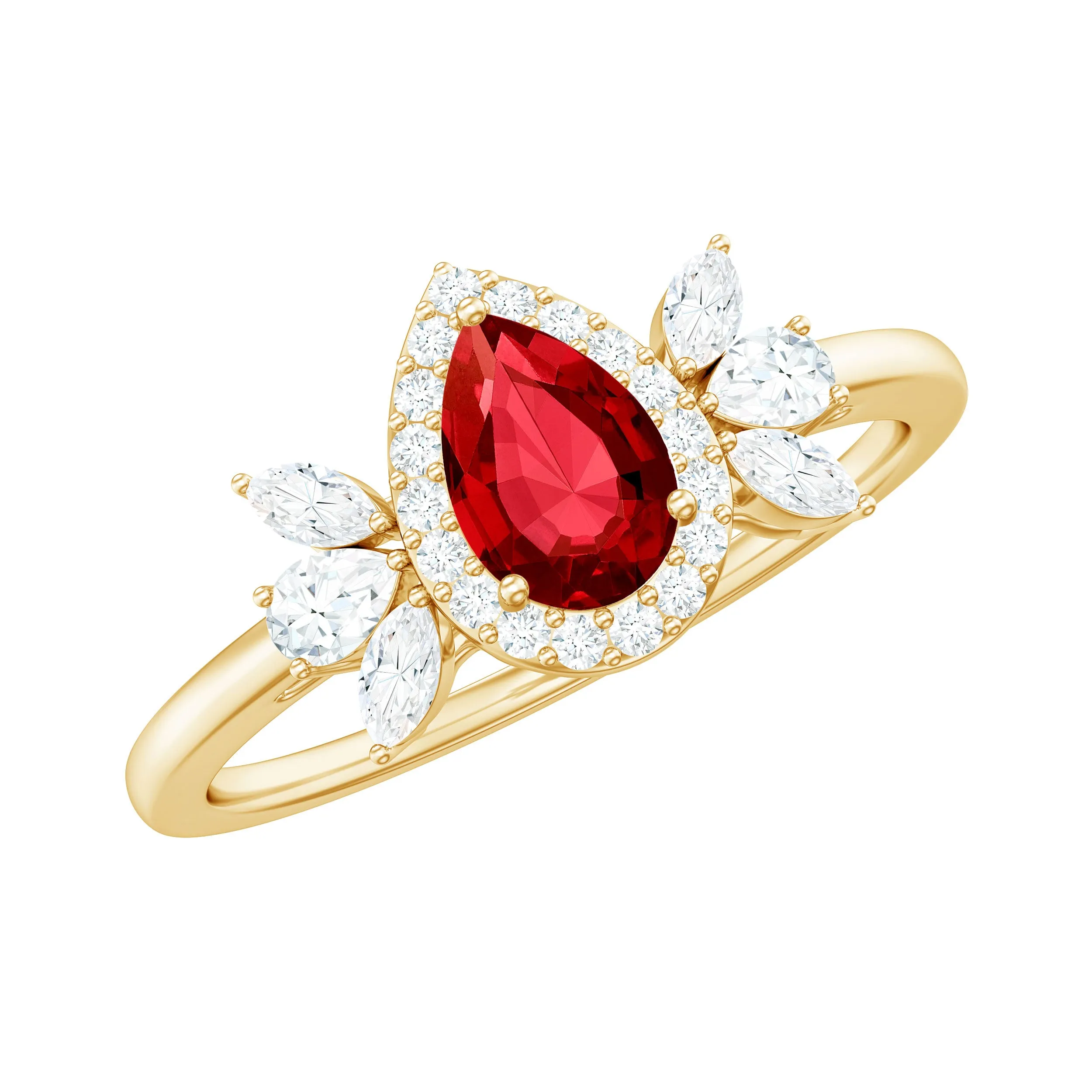 Pear Shape Created Ruby Halo Engagement Ring with Diamond