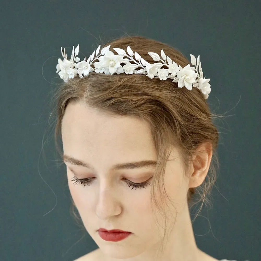 "Amaris" - Ceramic Flowers and Pearls Silver Bridal Headband