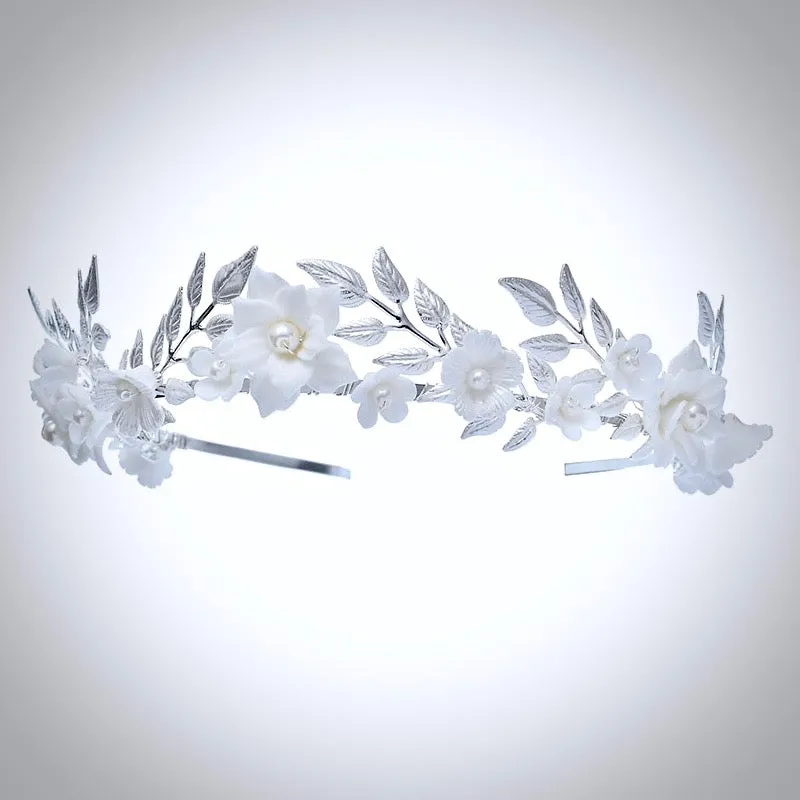 "Amaris" - Ceramic Flowers and Pearls Silver Bridal Headband