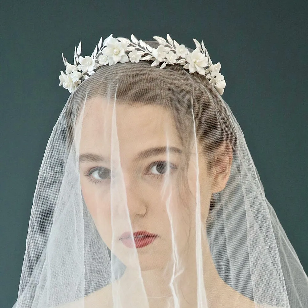 "Amaris" - Ceramic Flowers and Pearls Silver Bridal Headband