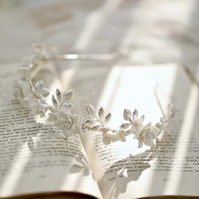 "Amaris" - Ceramic Flowers and Pearls Silver Bridal Headband