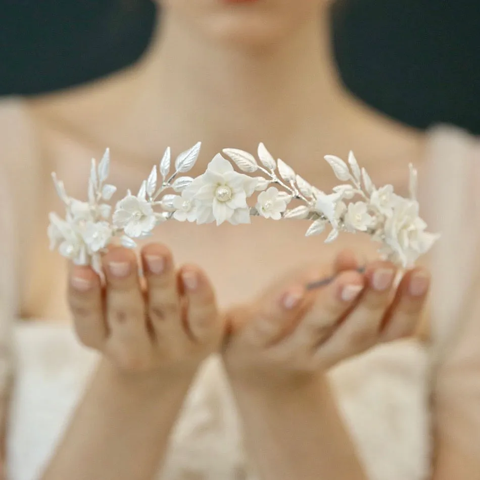 "Amaris" - Ceramic Flowers and Pearls Silver Bridal Headband
