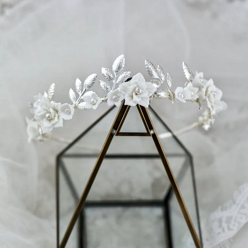 "Amaris" - Ceramic Flowers and Pearls Silver Bridal Headband