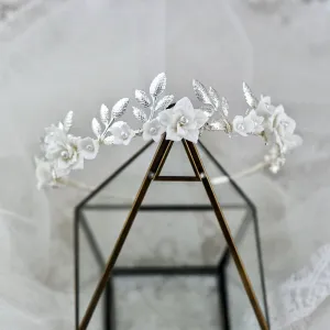 "Amaris" - Ceramic Flowers and Pearls Silver Bridal Headband