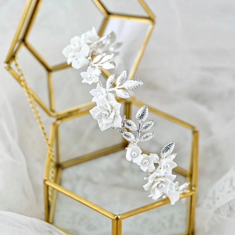 "Amaris" - Ceramic Flowers and Pearls Silver Bridal Headband