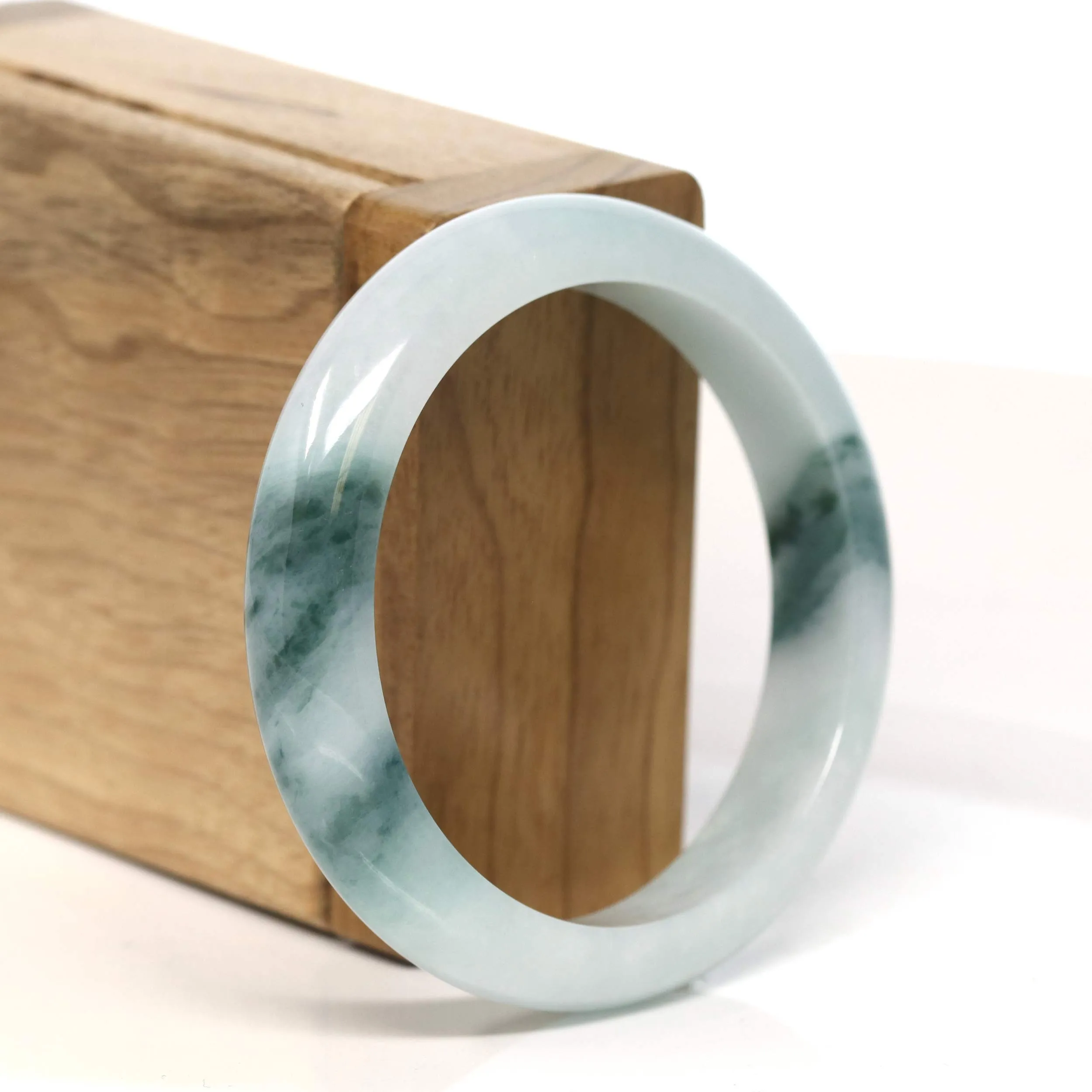 "Classic Princess Half Round" Blue- Green Jadeite Jade Bangle (55 mm) #T429