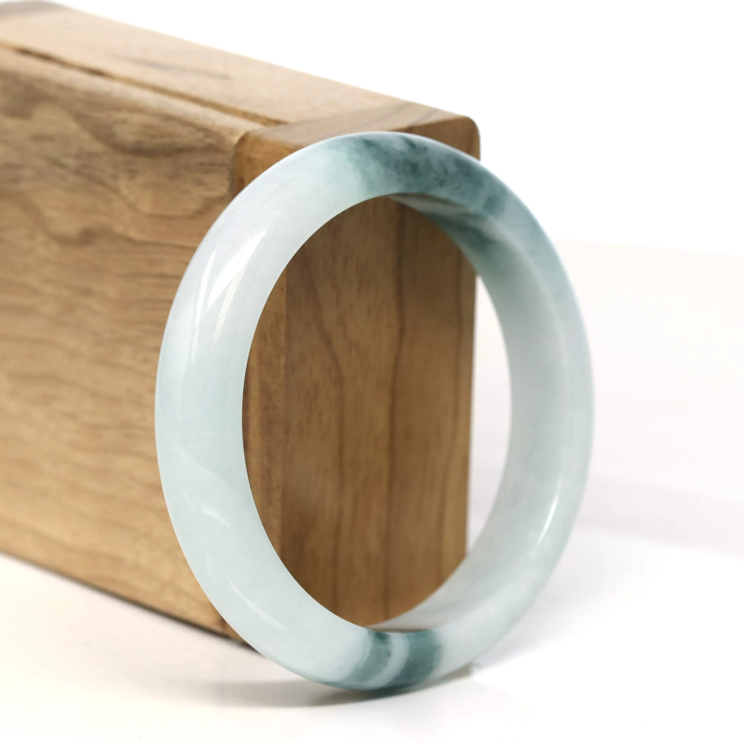 "Classic Princess Half Round" Blue- Green Jadeite Jade Bangle (55 mm) #T429