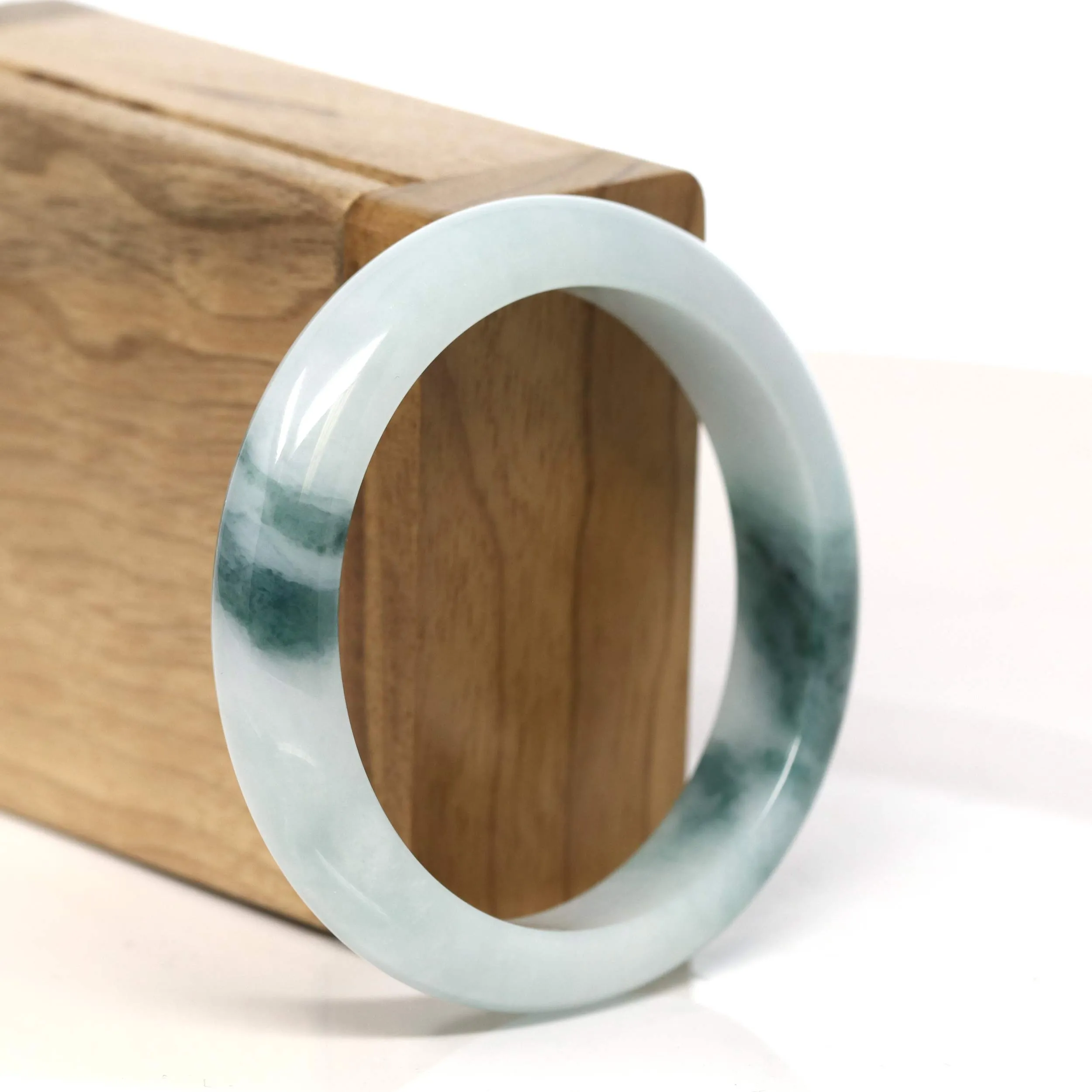 "Classic Princess Half Round" Blue- Green Jadeite Jade Bangle (55 mm) #T429