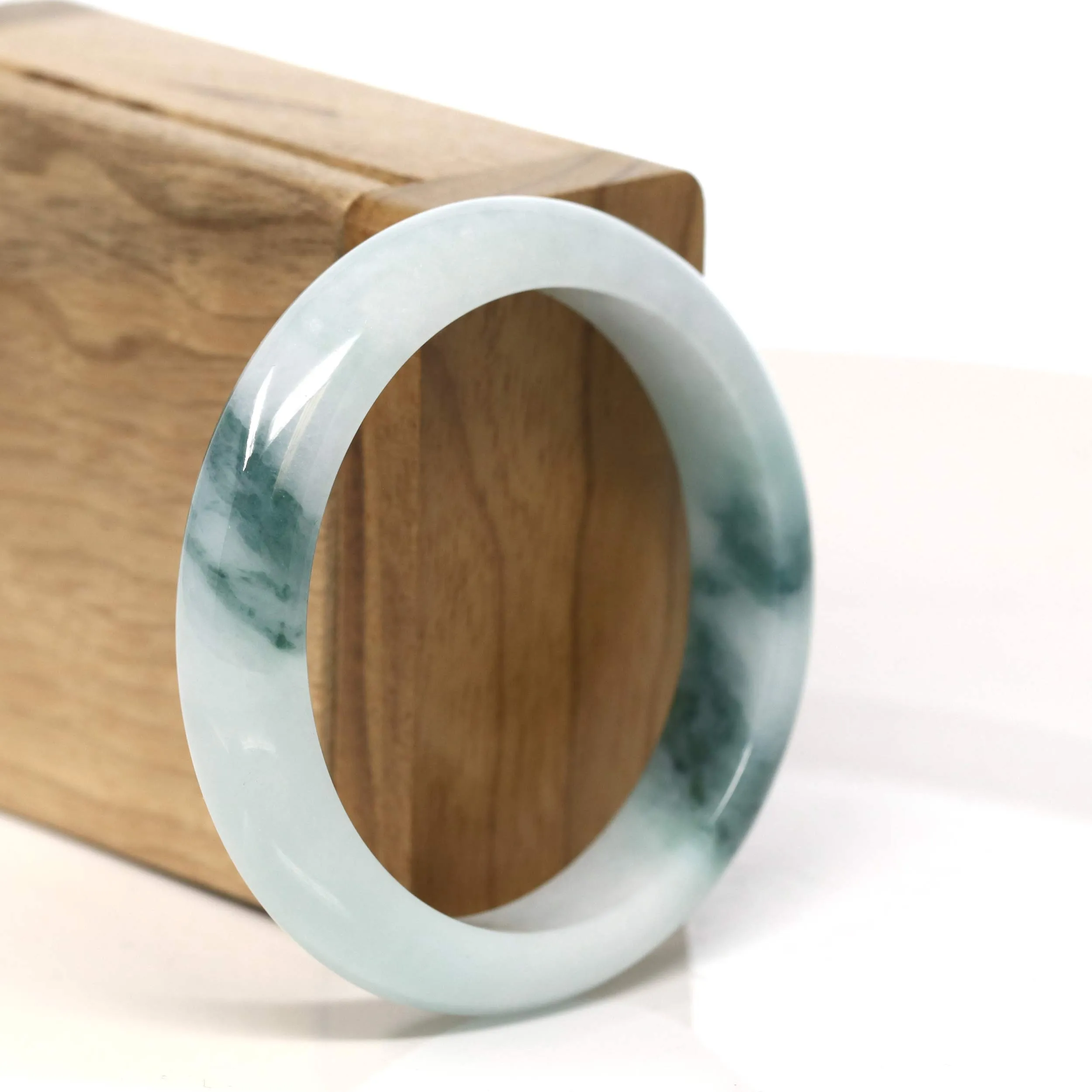 "Classic Princess Half Round" Blue- Green Jadeite Jade Bangle (55 mm) #T429