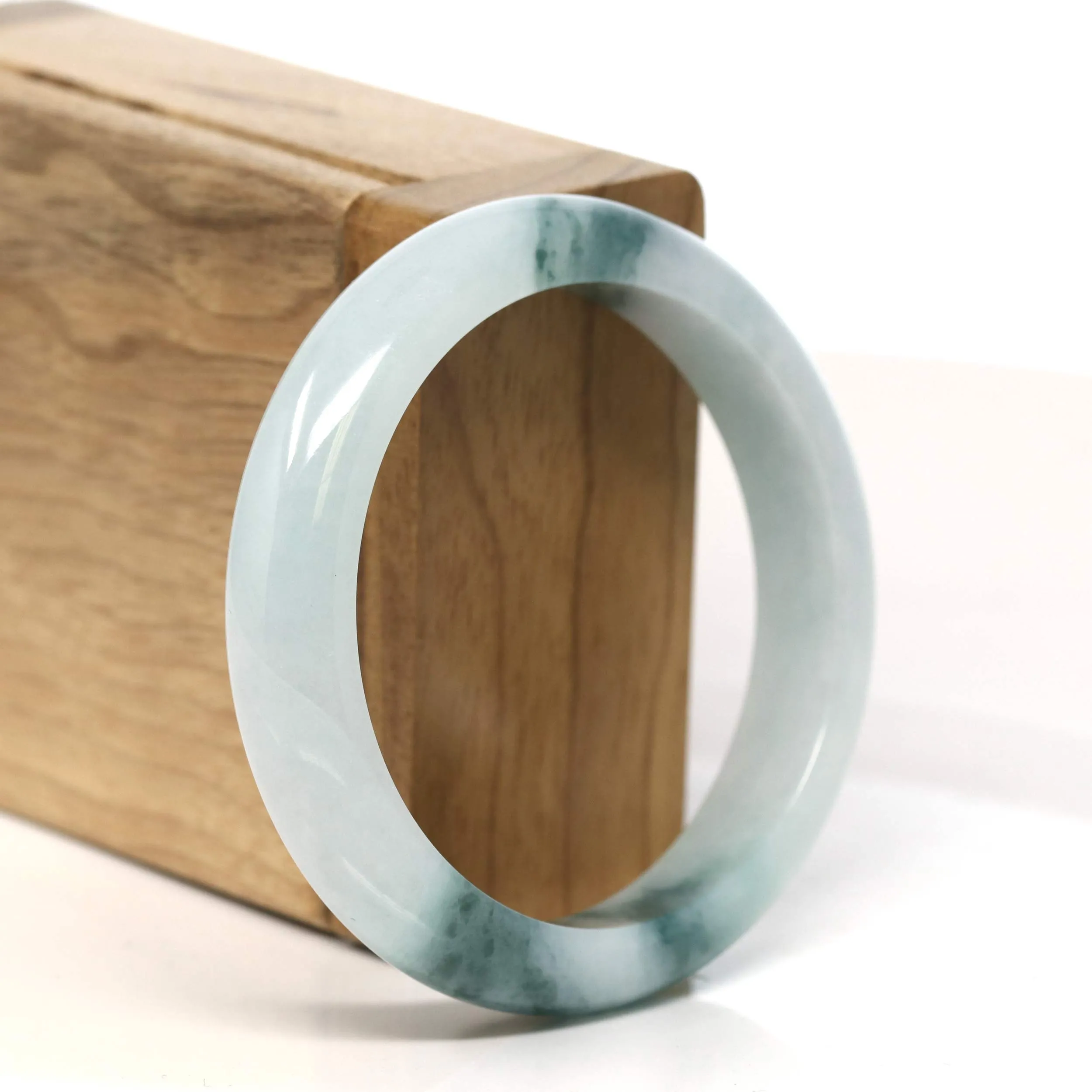 "Classic Princess Half Round" Blue- Green Jadeite Jade Bangle (55 mm) #T429