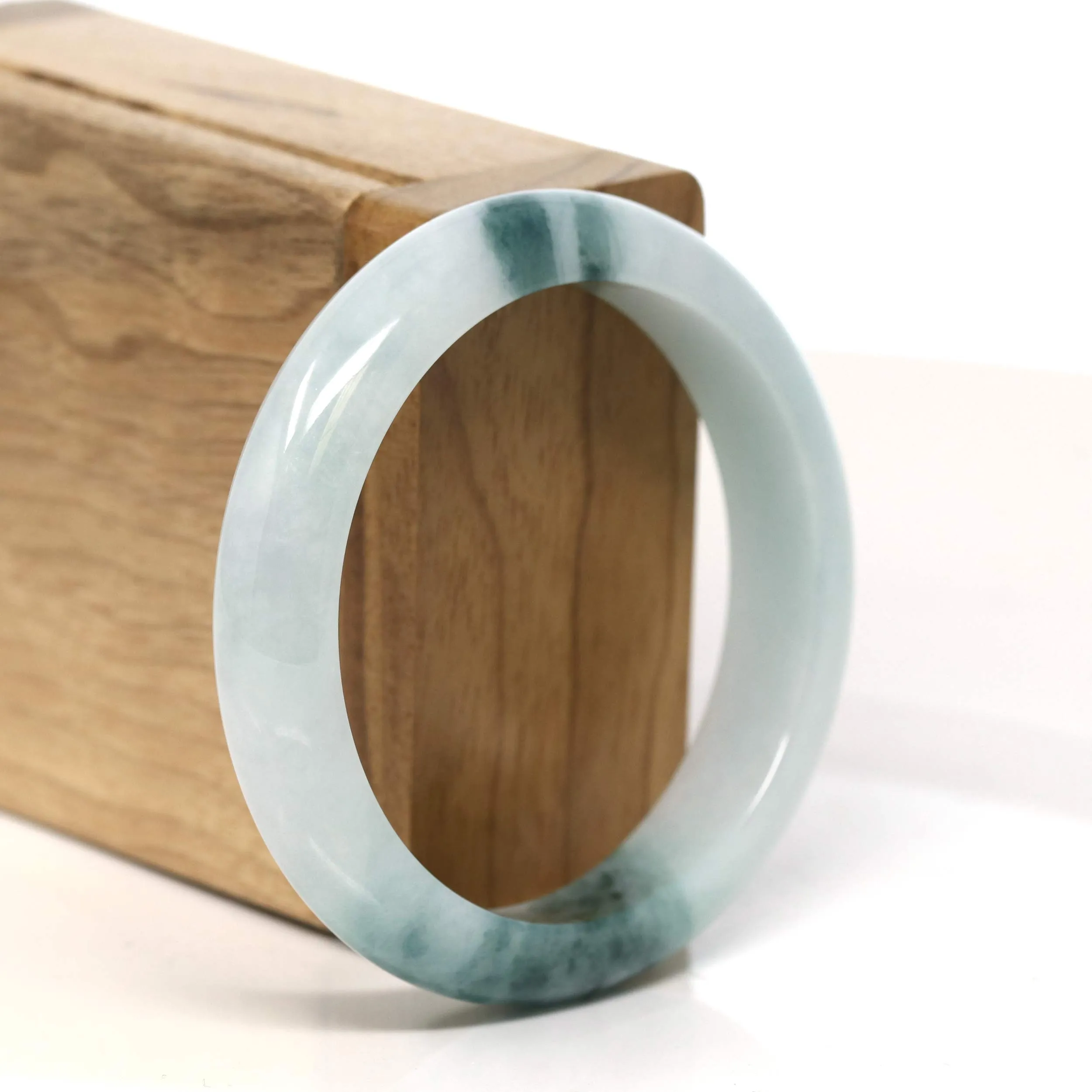 "Classic Princess Half Round" Blue- Green Jadeite Jade Bangle (55 mm) #T429