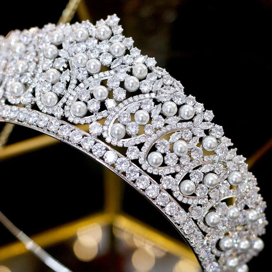 "Serenity" - Silver Pearl and Cubic Zirconia Bridal Tiara