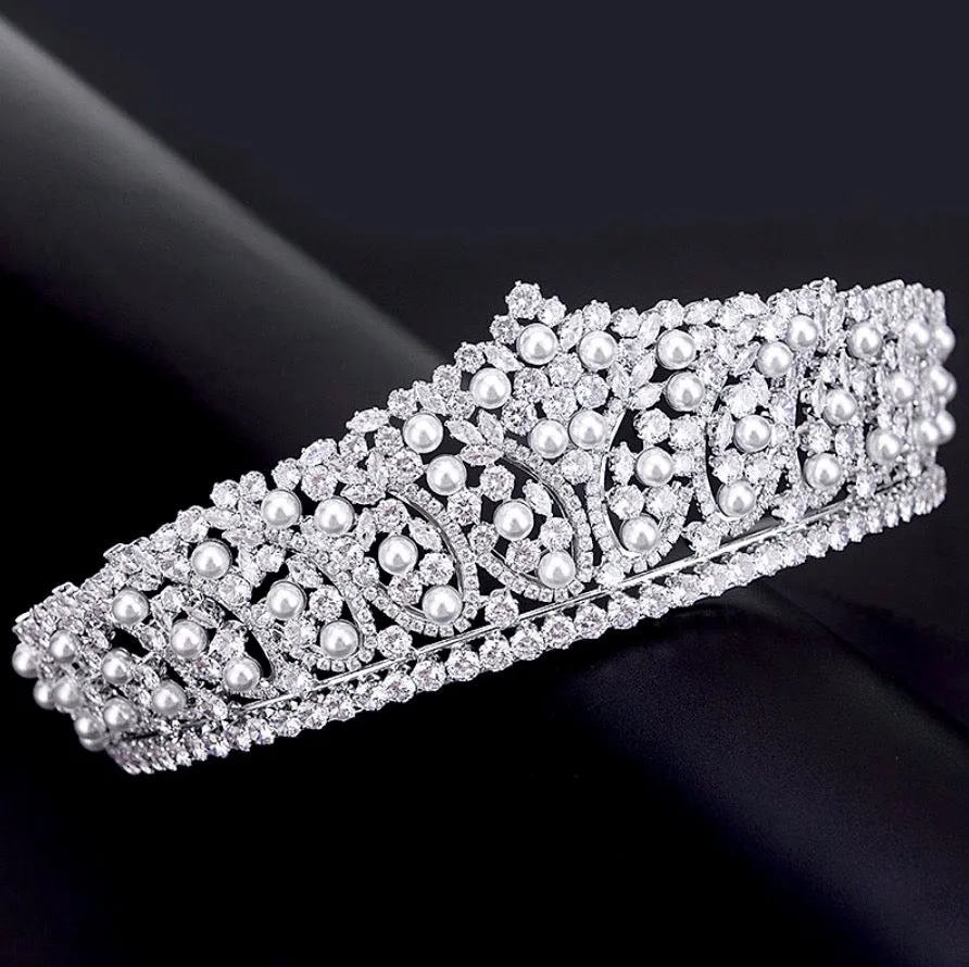 "Serenity" - Silver Pearl and Cubic Zirconia Bridal Tiara