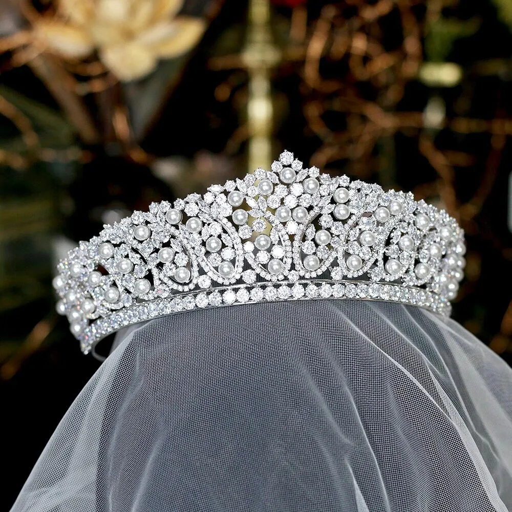 "Serenity" - Silver Pearl and Cubic Zirconia Bridal Tiara