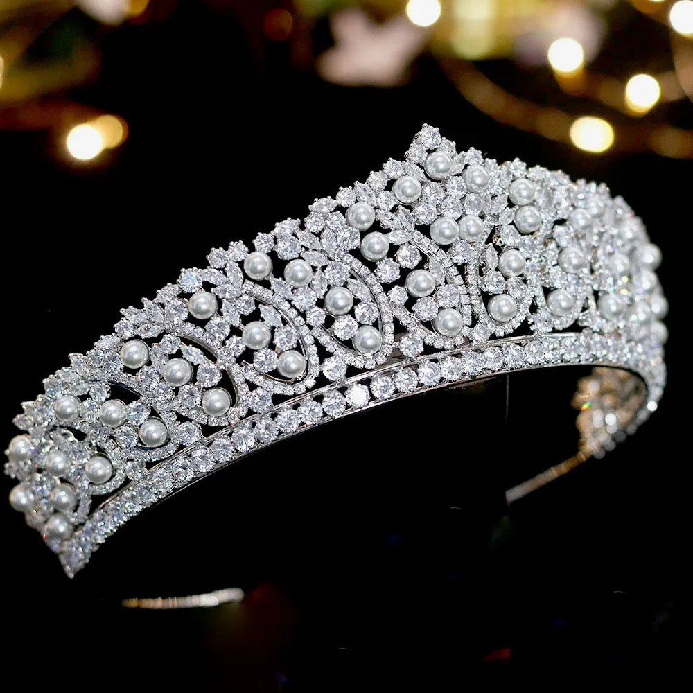 "Serenity" - Silver Pearl and Cubic Zirconia Bridal Tiara