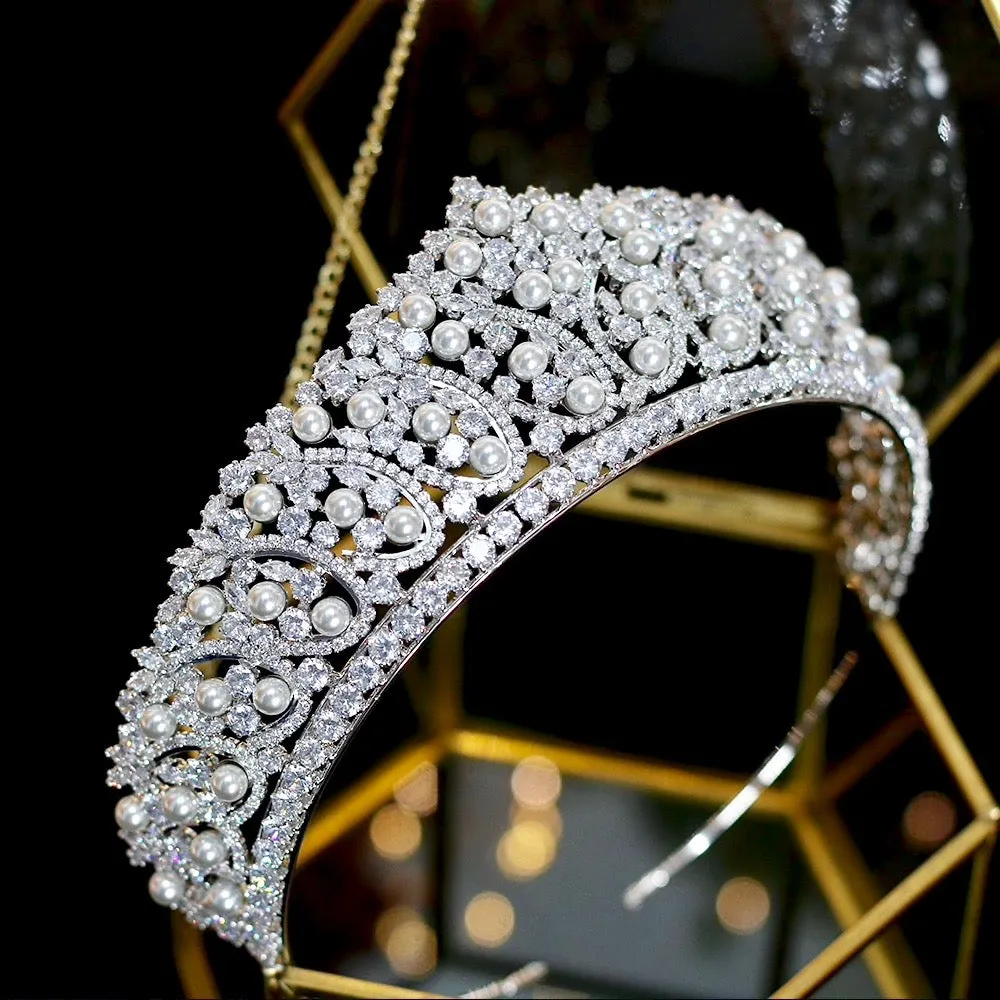 "Serenity" - Silver Pearl and Cubic Zirconia Bridal Tiara