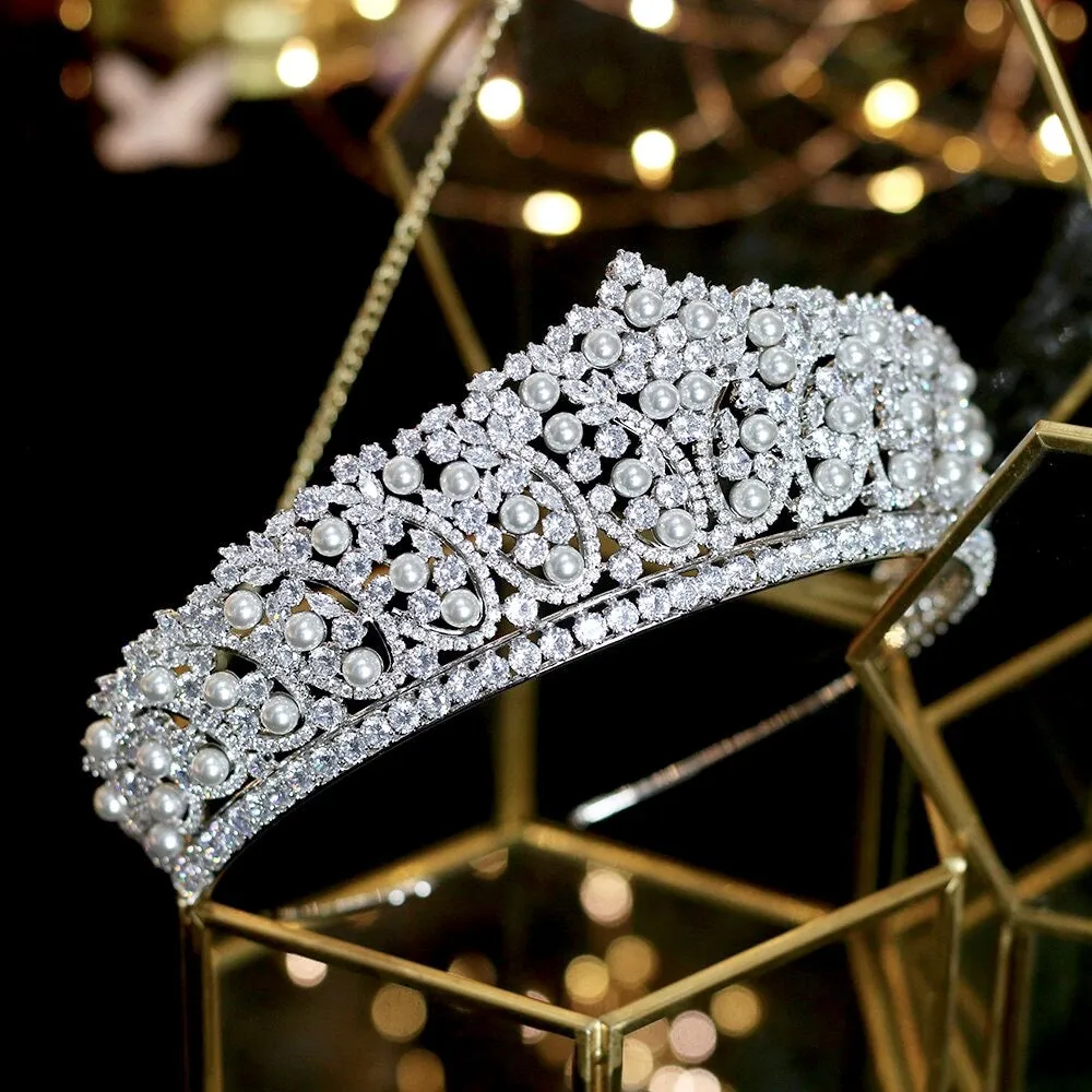 "Serenity" - Silver Pearl and Cubic Zirconia Bridal Tiara