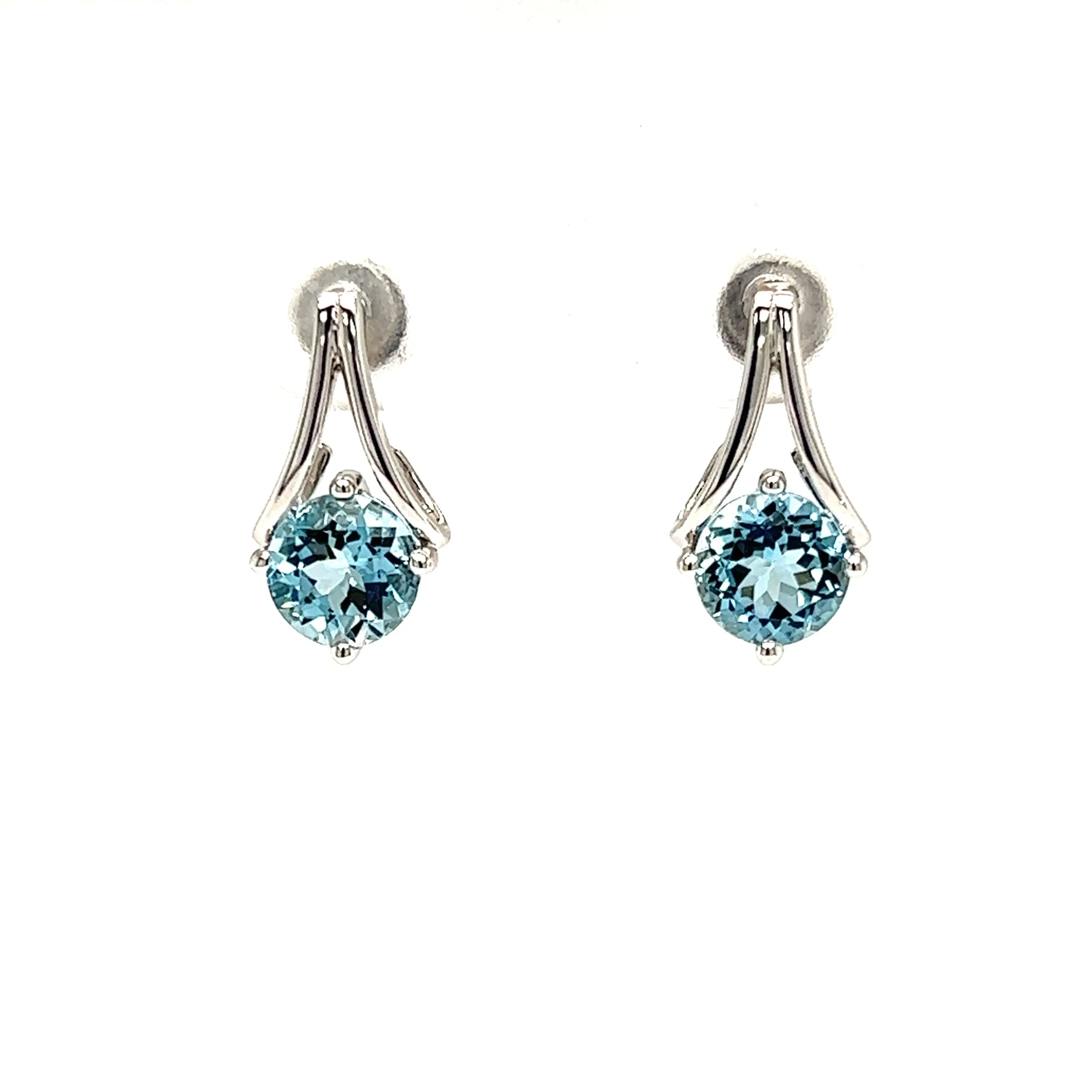 Round Aquamarine Earrings with V-Shaped Bars in 14K White Gold