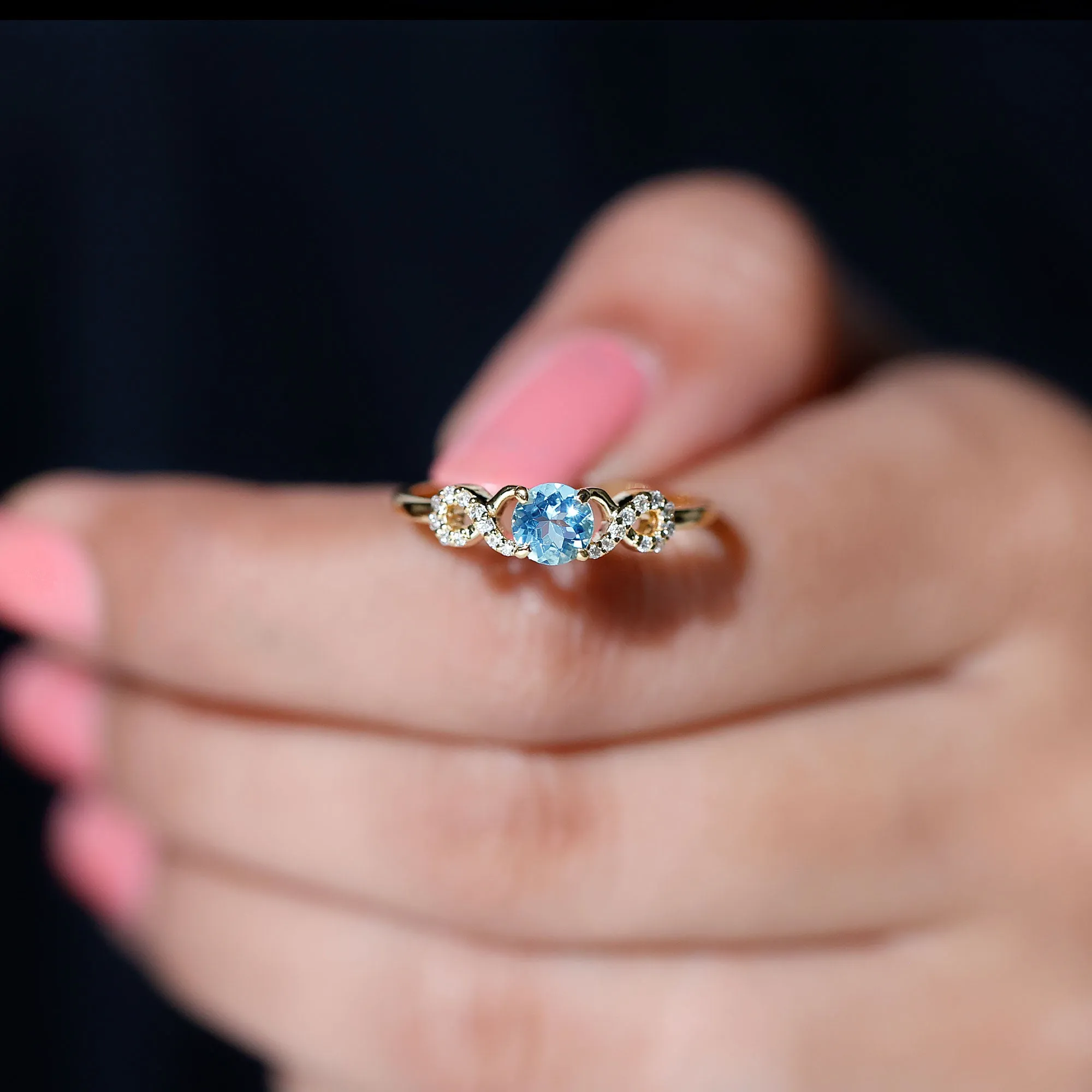 Round Shape Aquamarine and Diamond Infinity Engagement Ring