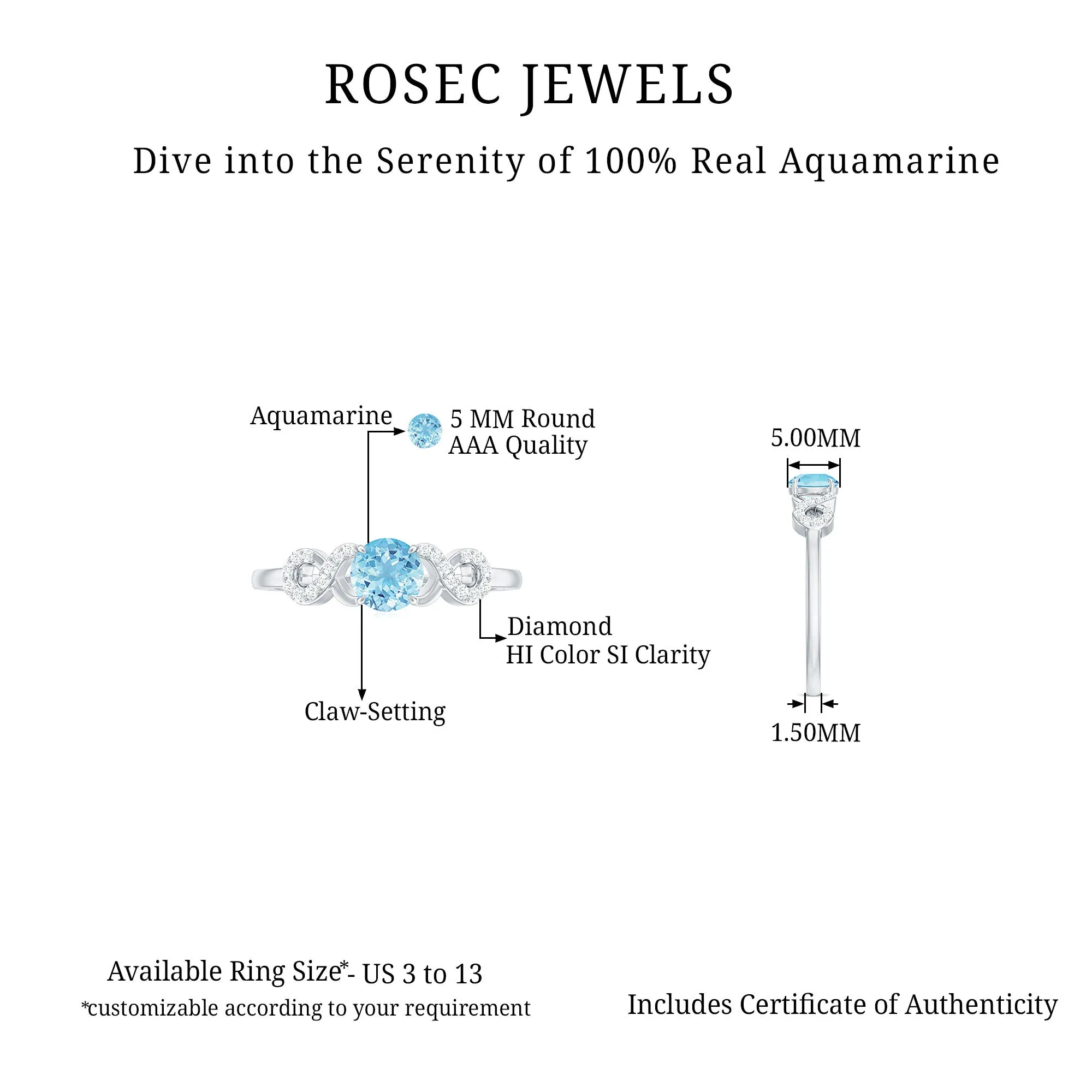 Round Shape Aquamarine and Diamond Infinity Engagement Ring