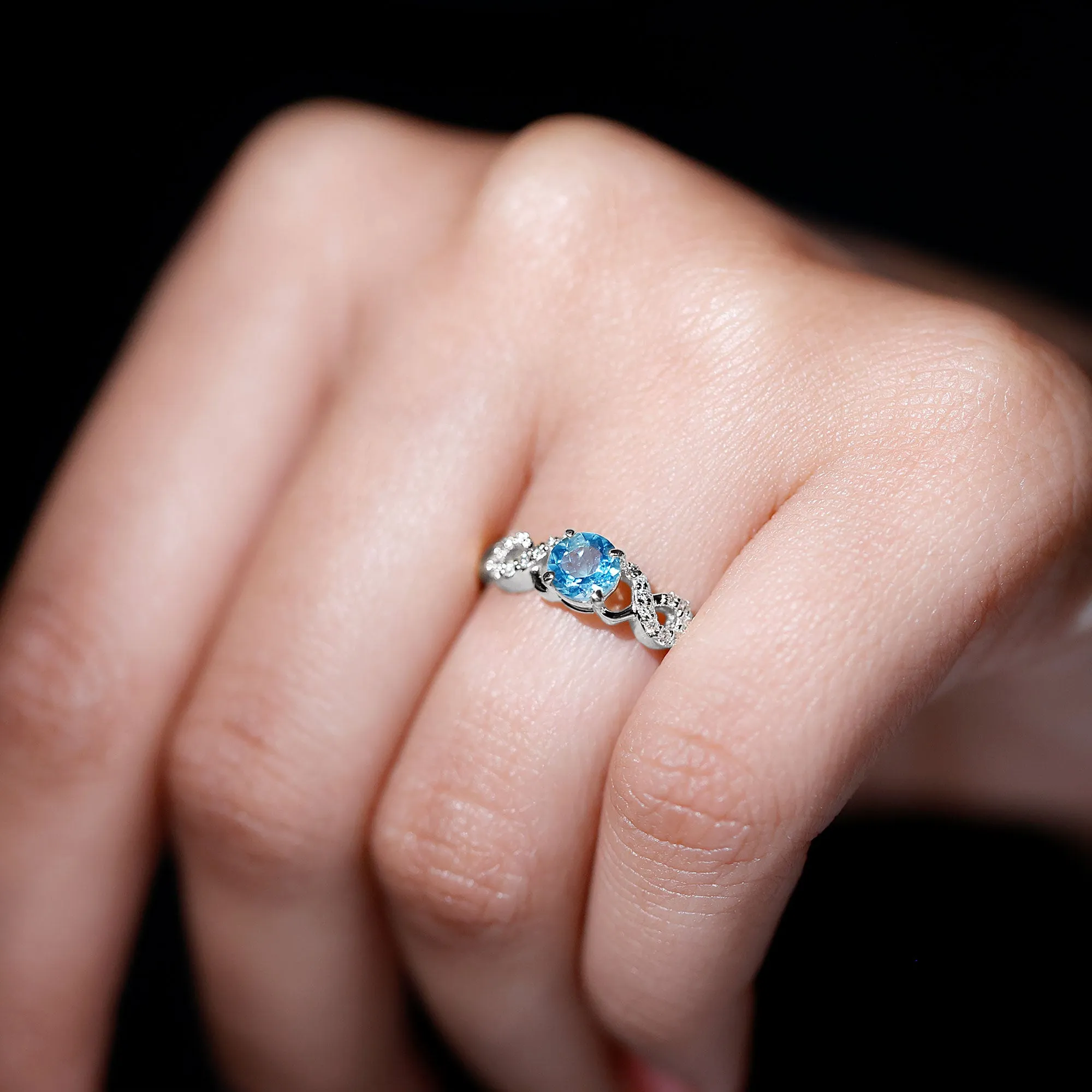 Round Shape Aquamarine and Diamond Infinity Engagement Ring