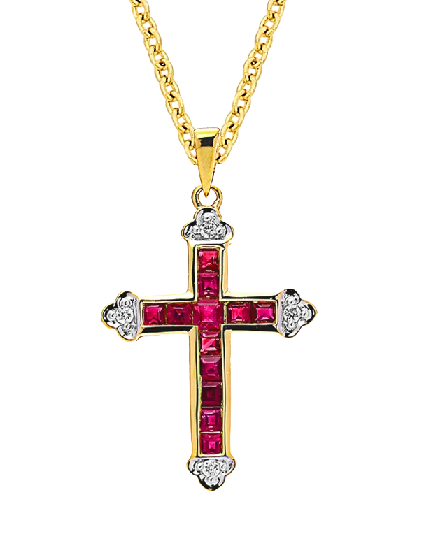 Ruby Pendant - 10ct Yellow Gold Ruby & Diamond Cross Pendant - 784567