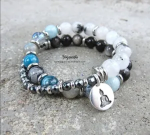 Rutilated Quartz, Silver Sheen Obsidian, Blue Apatite, Aquamarine, Aura Quartz in 27 Bead Mala Bracelet