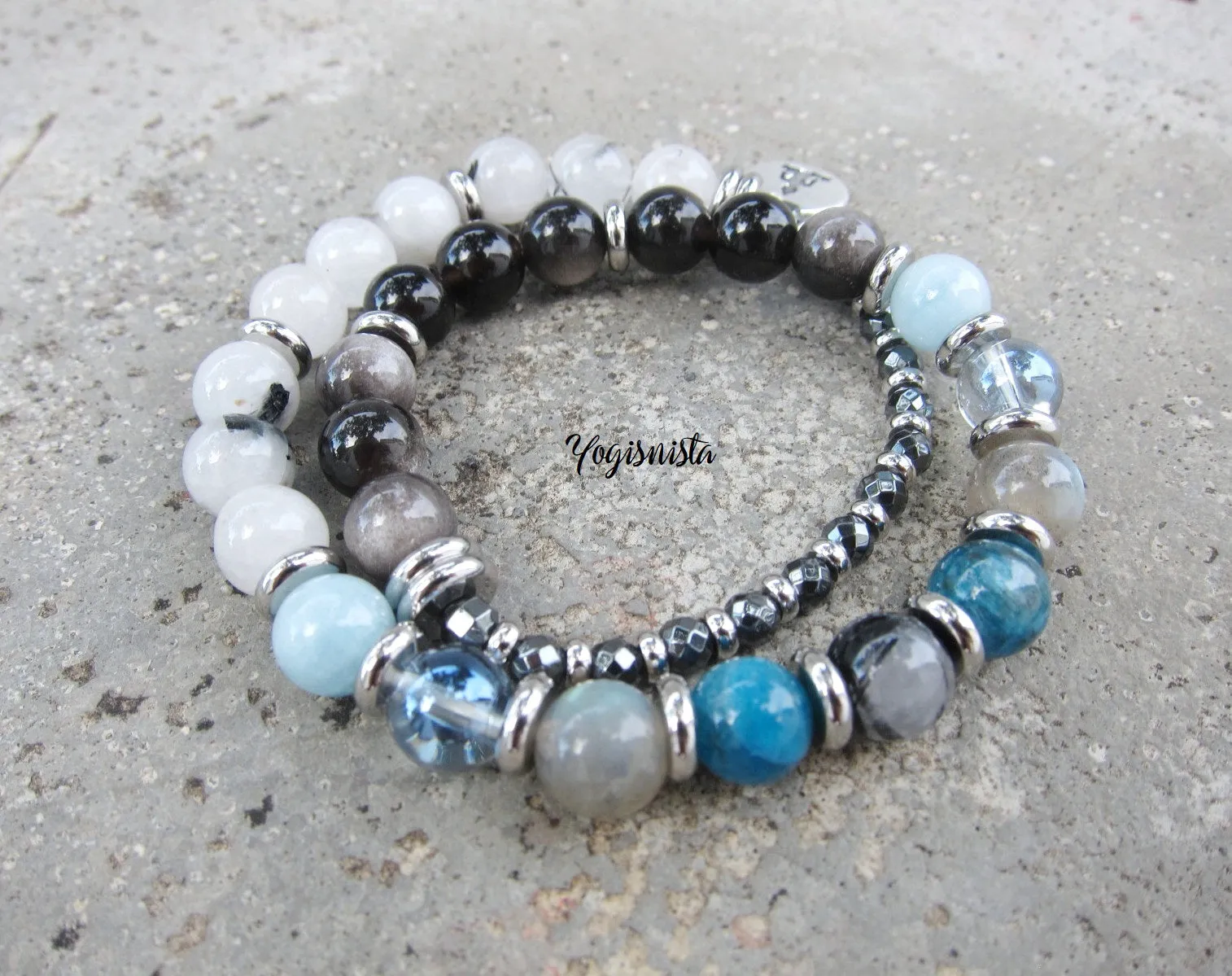 Rutilated Quartz, Silver Sheen Obsidian, Blue Apatite, Aquamarine, Aura Quartz in 27 Bead Mala Bracelet