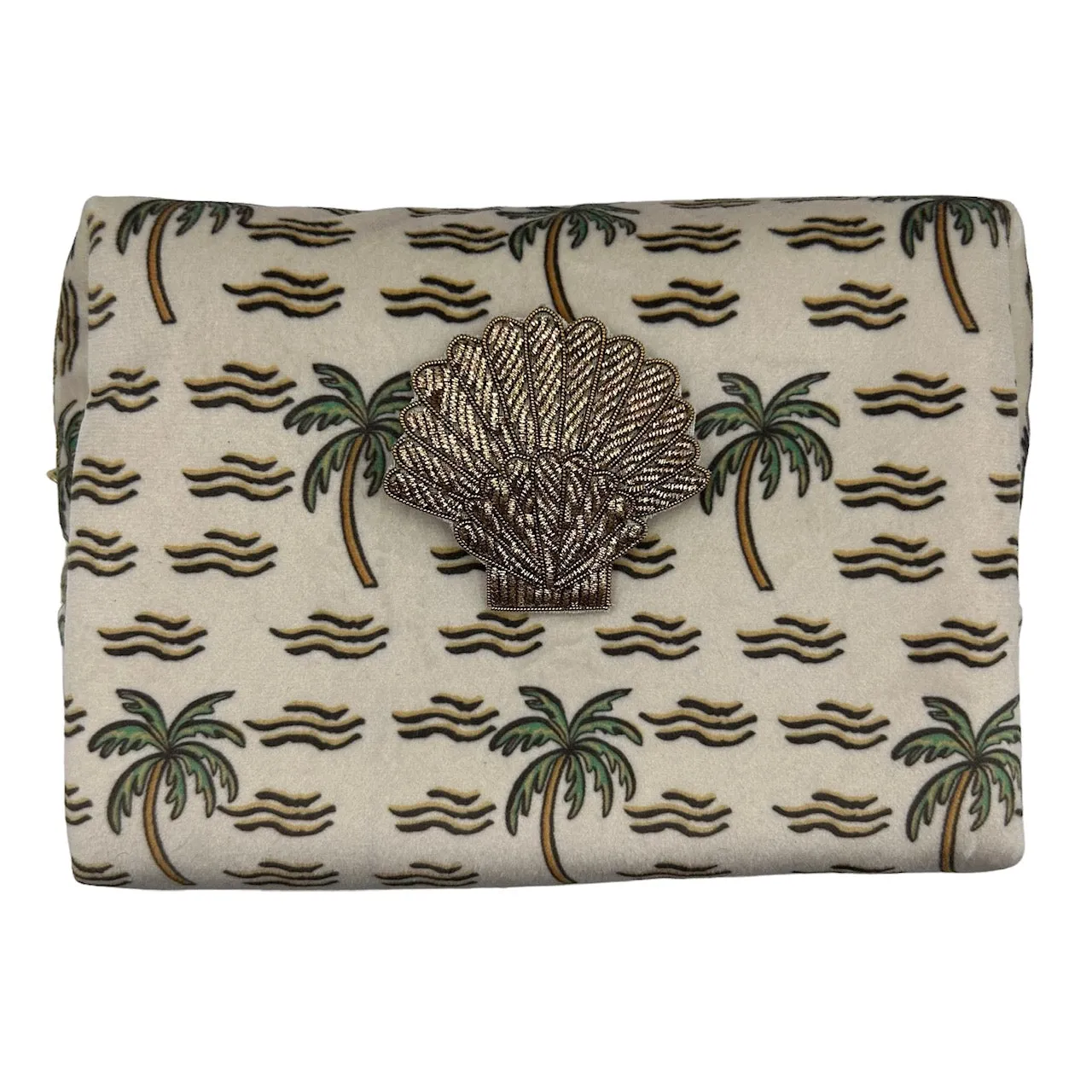 Sand palm make-up bag & gold shell brooch - recycled velvet, large and small