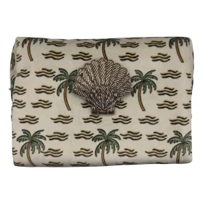 Sand palm make-up bag & gold shell brooch - recycled velvet, large and small