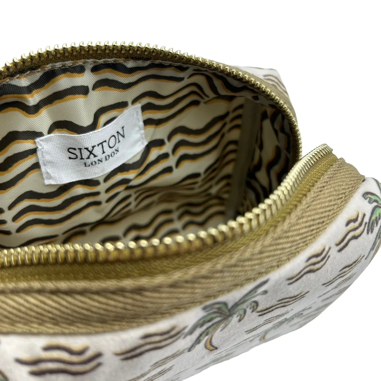 Sand palm make-up bag & gold shell brooch - recycled velvet, large and small