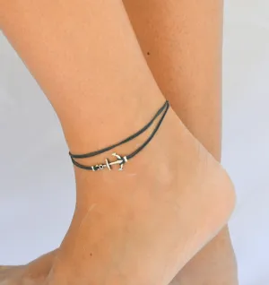 Silver anchor wrapped anklet with a blue cord, gift for her
