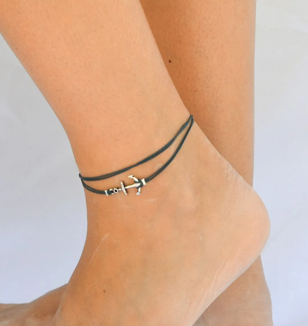 Silver anchor wrapped anklet with a blue cord, gift for her