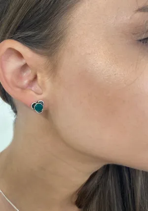 Solid Silver Green Onyx Stud Earrings with Triple Curve Frame