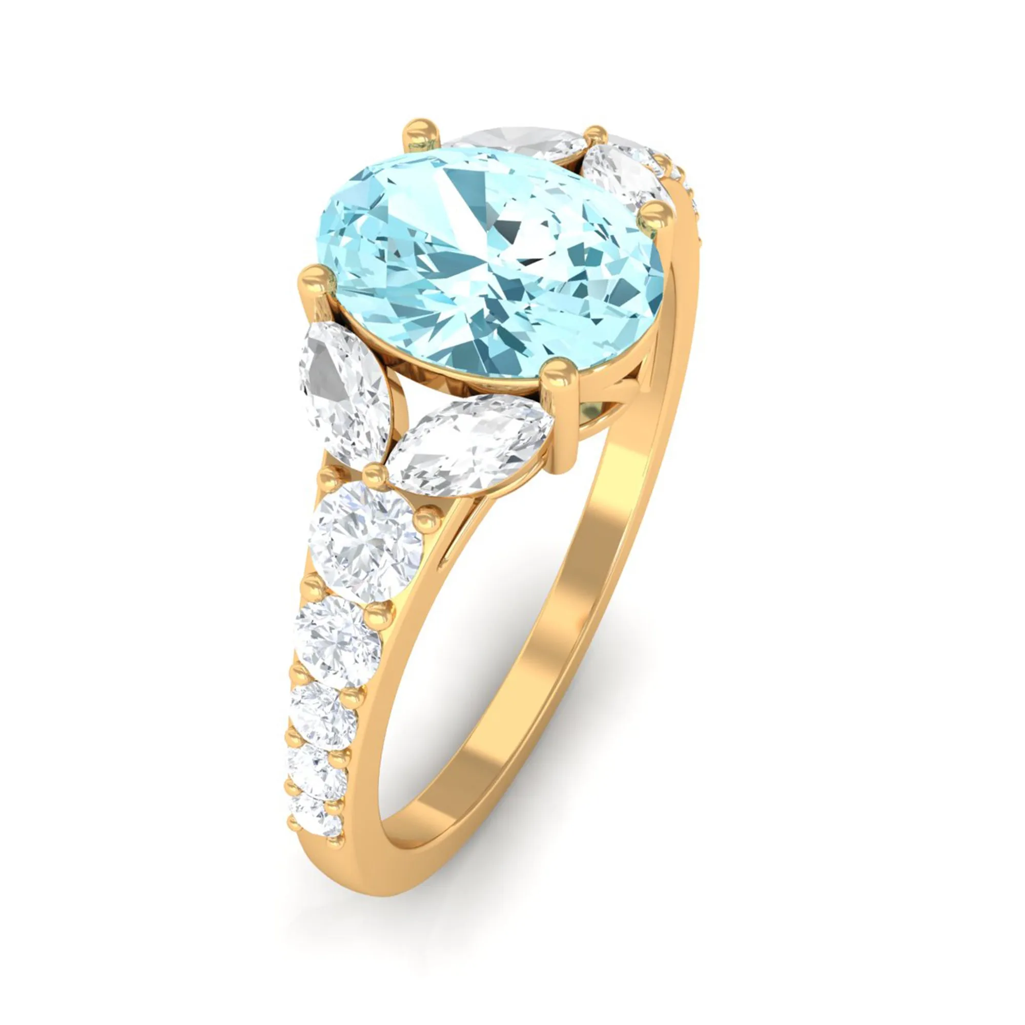 Split Shank Oval Aquamarine Solitaire Ring with Moissanite