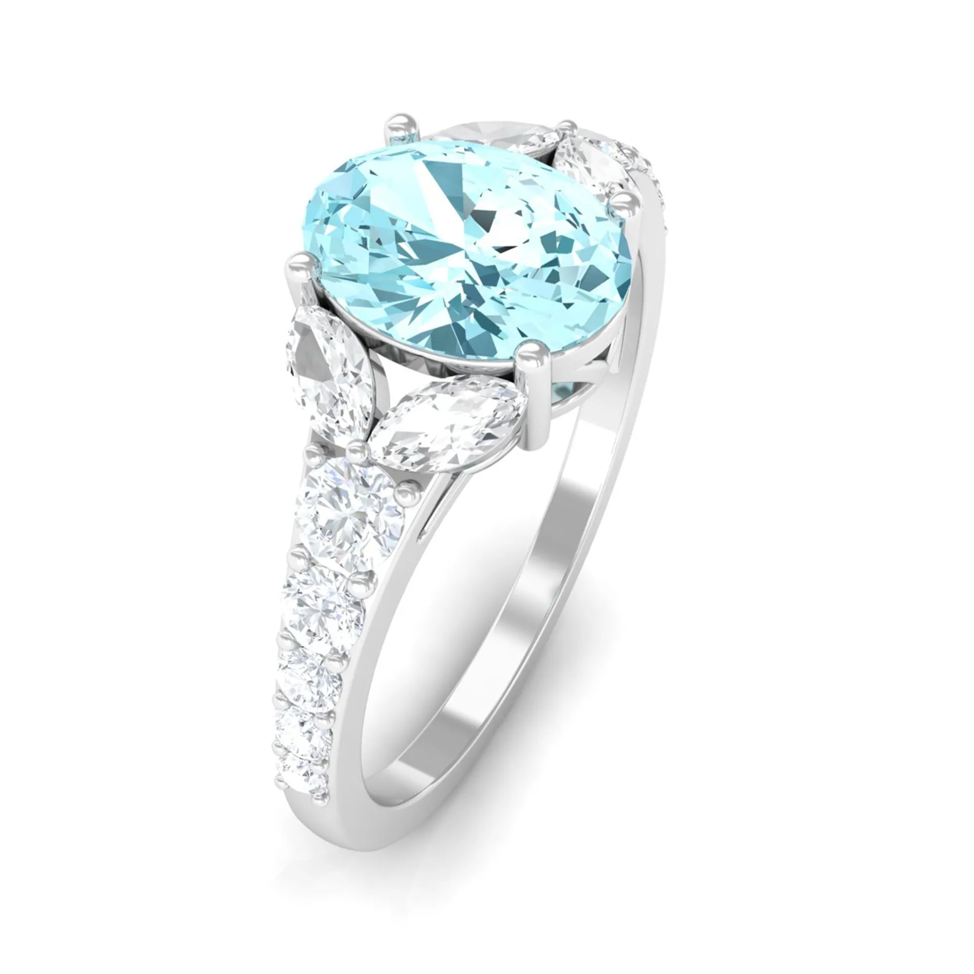 Split Shank Oval Aquamarine Solitaire Ring with Moissanite
