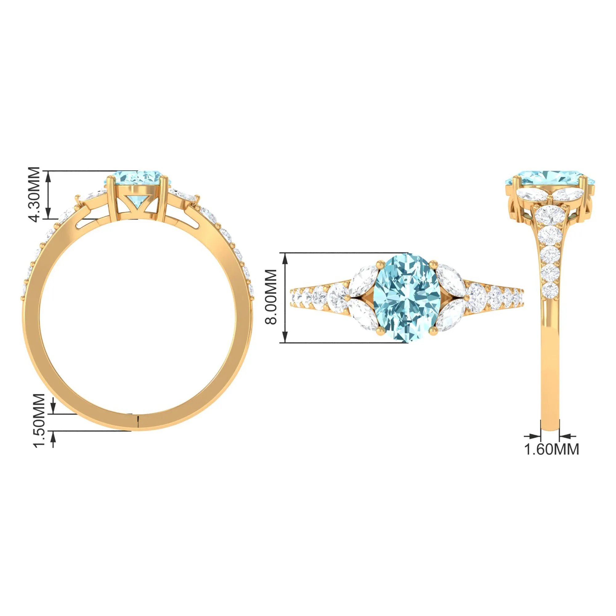 Split Shank Oval Aquamarine Solitaire Ring with Moissanite