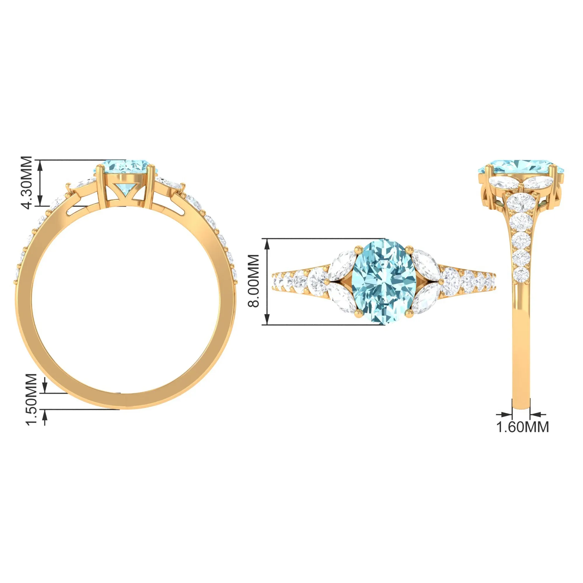 Split Shank Oval Aquamarine Solitaire Ring with Moissanite