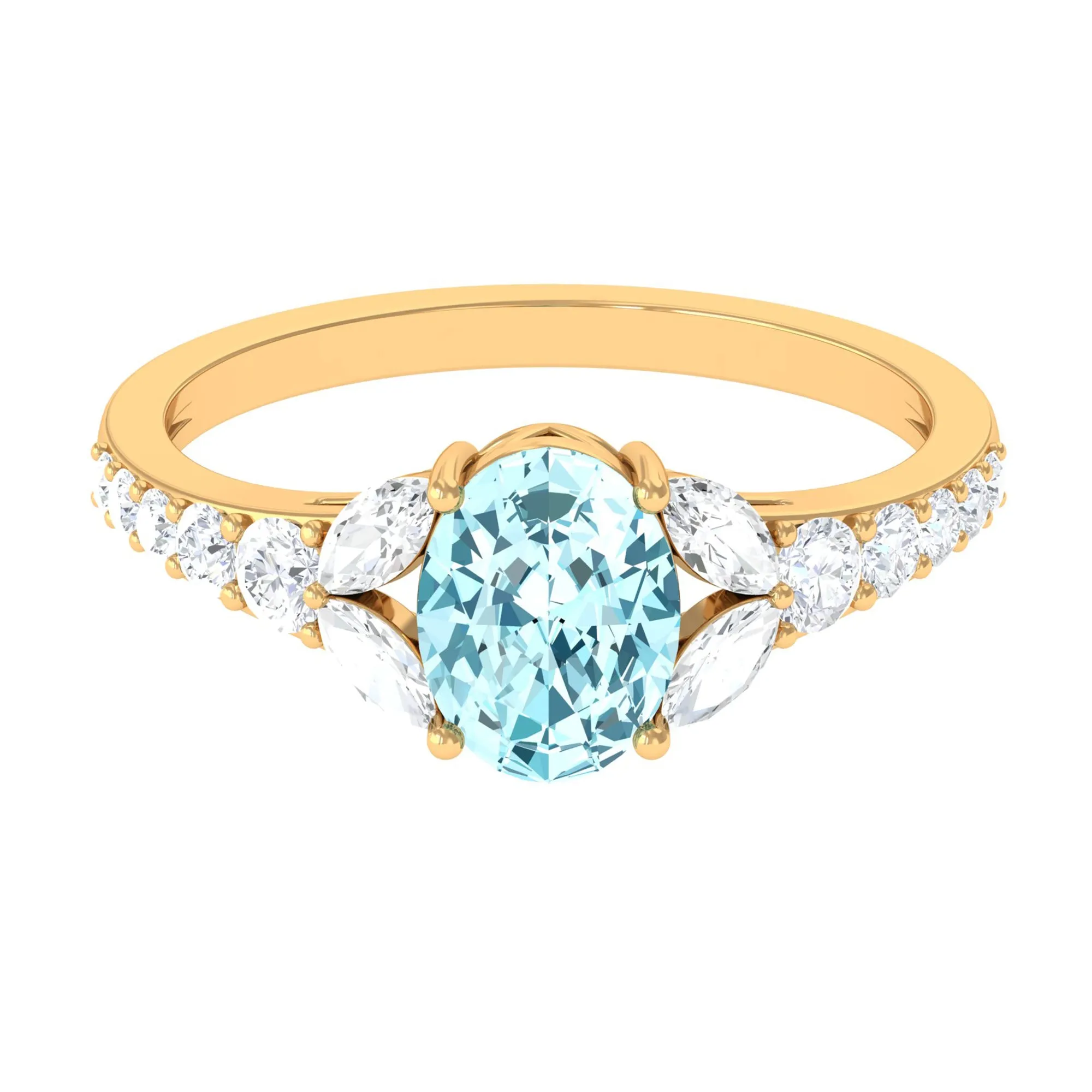 Split Shank Oval Aquamarine Solitaire Ring with Moissanite